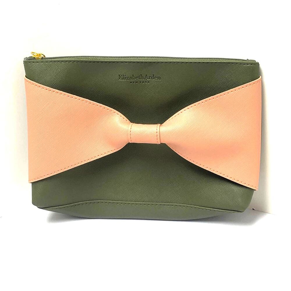 Elizabeth Arden Holiday Clutch Cosmetics Bag Green Pink Bow Slip Through Handle